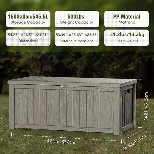 150 Gallon Deck Box, Resin Outdoor Indoor Waterproof Storage Box, Lockable Storage Box With Handle for Patio Furnitures - Garden Tools - Swimming Pool Tools UV-Resistant, Grey
