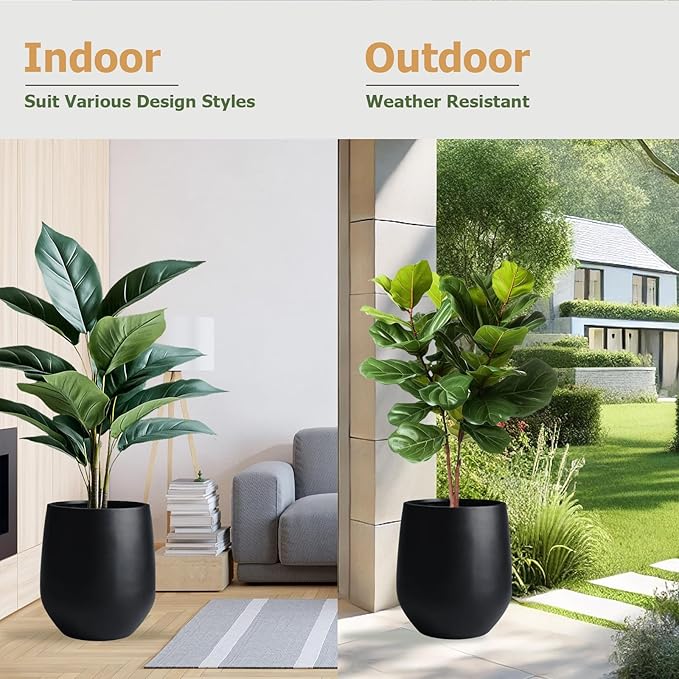 16.5" H x 15" D Corso Fiberstone Round Tapered Planter - Christmas Tree Planter, Smooth Finishes, Weather Resistant for Indoor & Outdoor Use, 2 Extra Coco Mats (Black, 11.5" Pot Opening)