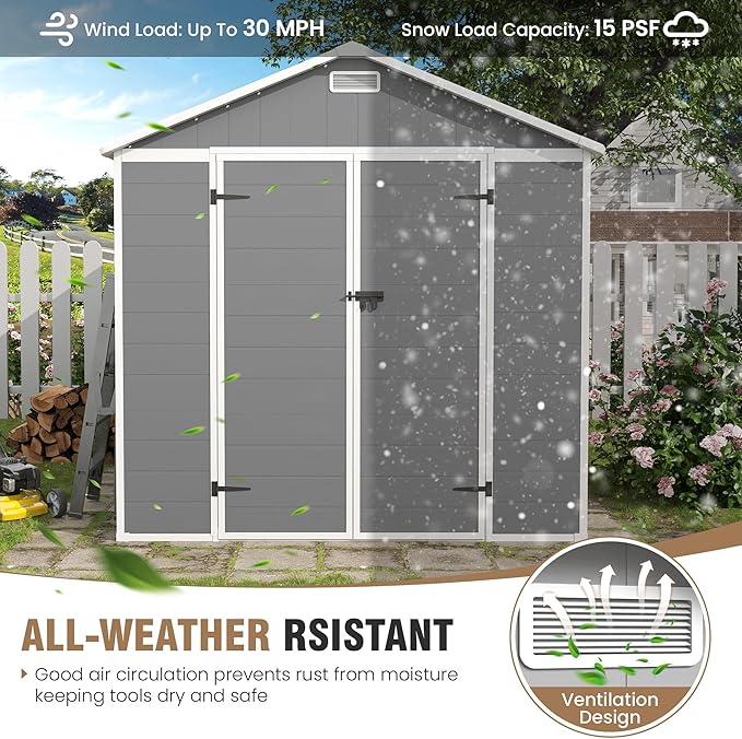 Amopatio 8x8 FT Storage Shed, Resin Outdoor Shed with Floor Included, Plastic Sheds Outdoor Storage for Bike, Garden Tools, Sheds & Outdoor Storage with Lockable Door, Window & Vents, Grey & White