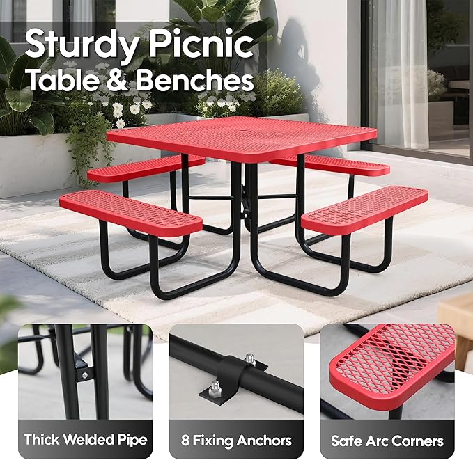 8-Person Outdoor Picnic Tables,46" Heavy-Duty Metal Square Picnic Table,Expanded Metal Commercial-Grade Table with 4 Benches & Umbrella Hole,Waterproof Coating Beach Table for Patio,Garden, Backyard