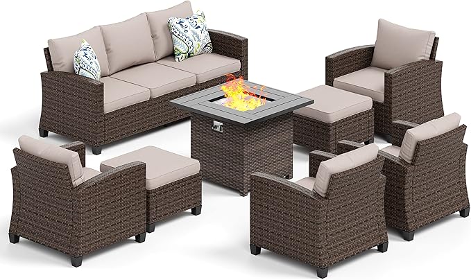 HERA'S HOUSE 8 Pieces Wicker Patio Furniture Set with Fire Pit Table, 4 x Single Chair, 2 x Ottoman, 3-Seat Sofa and 32" Fire Pit Table, Outdoor Rattan Conversation Set for Garden, Poolside, Backyard