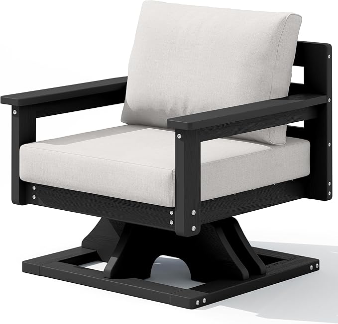 SERWALL Outdoor Swivel Chairs, HDPE All-Weather Patio Swivel Sofas with Thick Cushions for Porch, Balcony, Black Frame with Beige Cushions