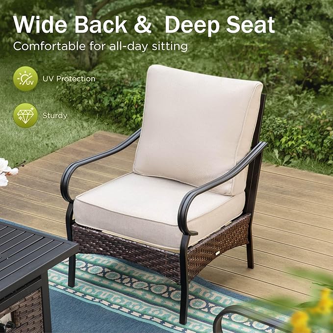 Patio Furniture Set with 56" Fire Pit Table, Premium Outdoor Wicker Metal Frame Furniture with Upgraded Waterproof Thick Cushions for Porch, Poolside, Deck, and Yard （4 Pieces,Beige）