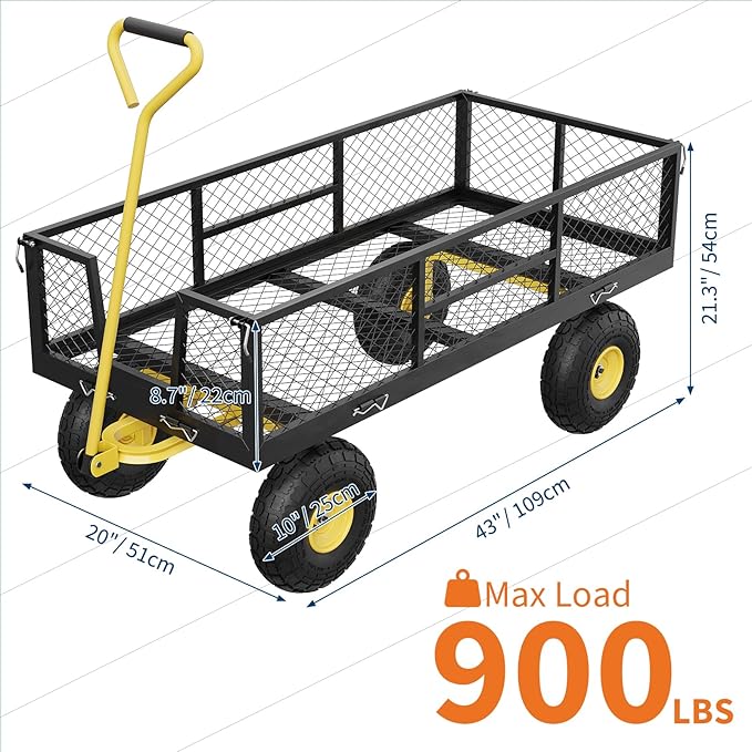 900 LBS Garden Cart with Removable Mesh Sides, Heavy Duty Steel Garden Wagon with Adjustable Handles & 10" Pneumatic Tires, Utility Wagon for Lawn Camping Farm Yard, Black+Yellow