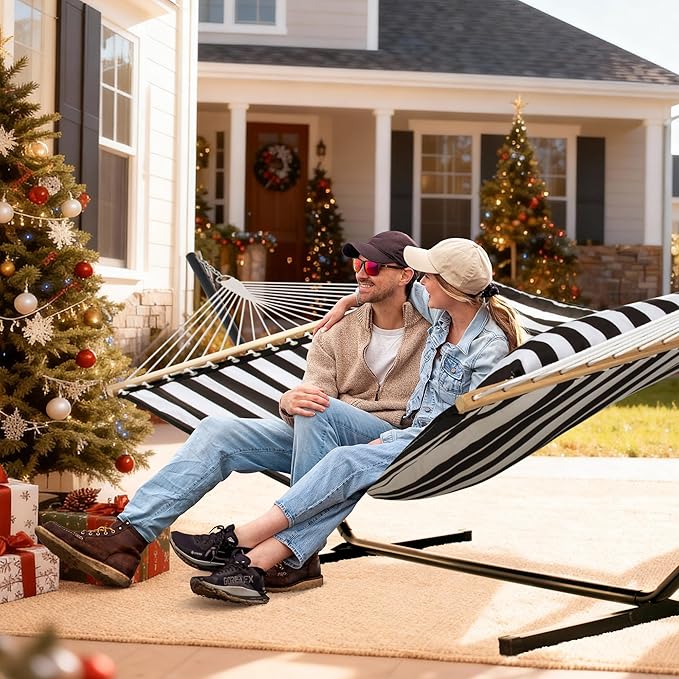 SUNCREAT Two Person Hammock with 12ft Stand Included, Max 475lbs Capacity, Heavy Duty Free Standing Hammock, Black Stripes