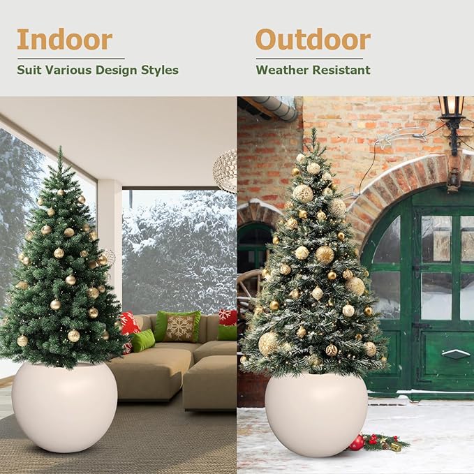16”H x 20”D Globo Fiberstone Round Planter - Christmas Tree Planter, Smooth Finishes, Weather Resistant for Indoor & Outdoor Use, Included 2 Extra Coco Mats (Kilim Beige, 13.5” Pot Opening)