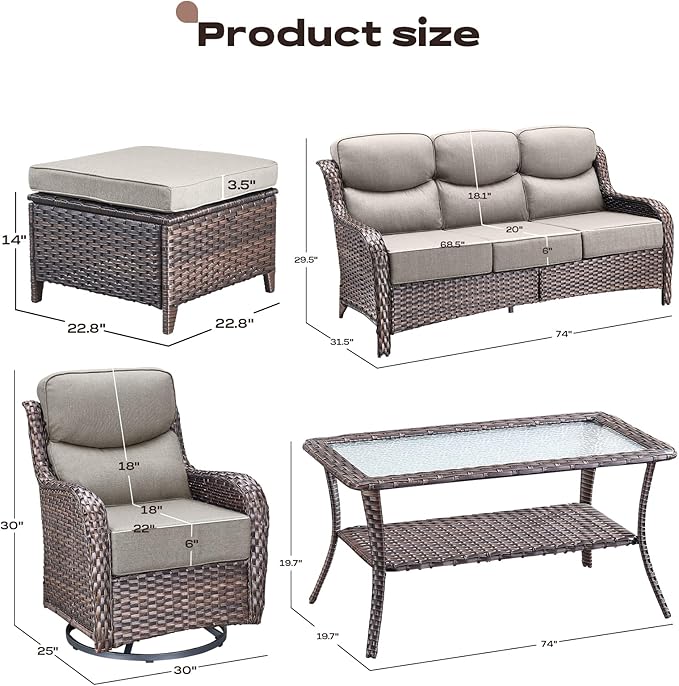 Rilyson Wicker Outdoor Patio Furniture Set - 6 Piece Patio Conversation Sets with Swivel Rocker Chairs, Ottomans, Sofa and Table, 6 inch Cushions, Deep Seating, for Porch Deck Brown/Beige