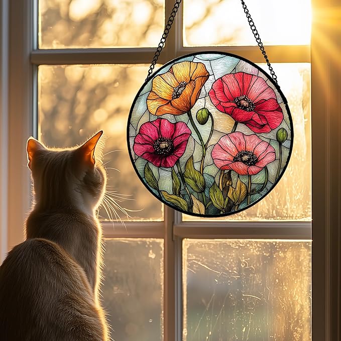 AMDERVEN Stained Glass Suncatcher, Red Orange Poppy Flowers Sun Catcher Silver Background Wildflowers Window Hanging Decor Christmas Mother Birthday Gifts for Women Men Mom Nana 9.8 in