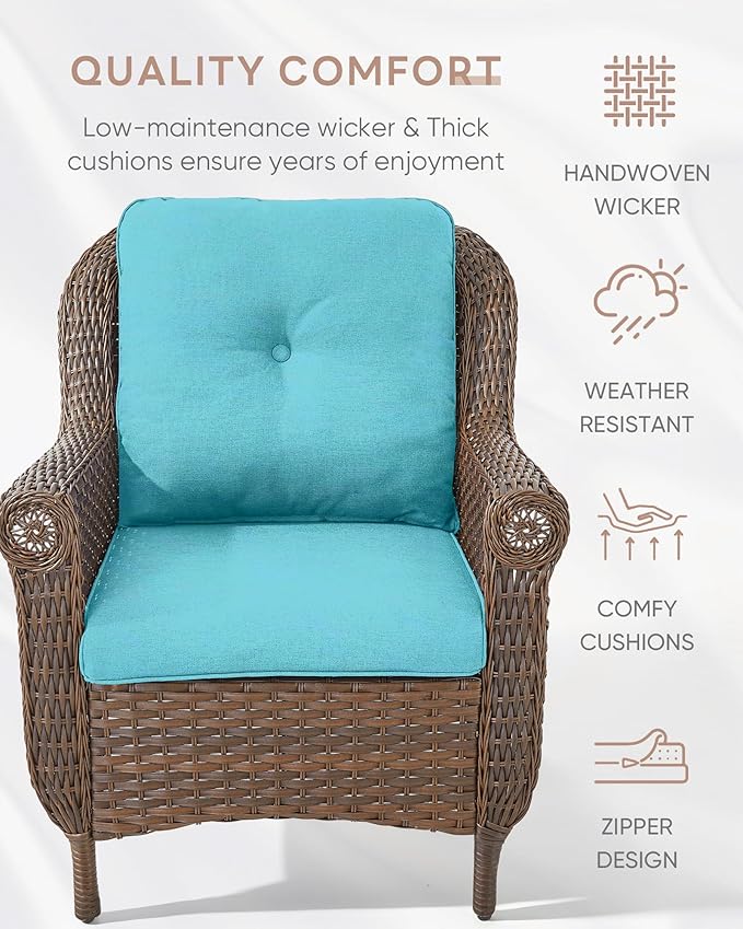 3 Piece Patio Brown Wicker Chairs with Side Table - Outdoor High Back Heavy Duty All-Weather Lawn Dining Rattan Chair Conversation Bistro Set for Deck Porch Balcony Backyard Garden - Turqoise