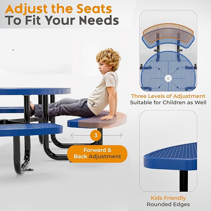 OUTTANS Round Metal Picnic Tables for Kids for Outdoors with Umbrella Hole, Adjustable Seats for School, Park, Playground(Blue, 38 in, Kids, Expanded Steel)