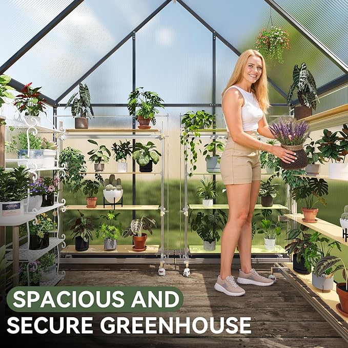 Aoxun 4x6 FT Outdoor Greenhouse, Polycarbonate Greenhouse with Aluminum Frame, Walk-in Green House with Roof Vent, Ground Nails, Lockable Door for Garden Backyard, Patio, Lawn,Quick-Installation