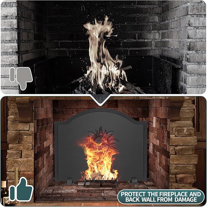 Iron Fireback with Feet - 22.5in Sun Fireplace Heat Reflector, Heat-Resistant Material with Decorative Design for Wall Protection