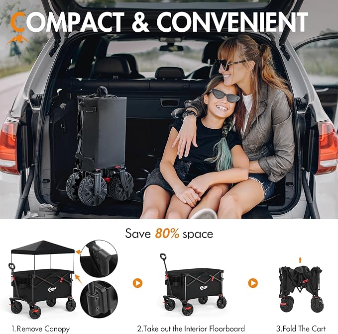 Portal 350L Collapsible Wagon Cart with Removable Canopy, 270LB Folding Utility Cart with Rear Door for Pet, Camping, Beach, and Outdoor Adventures
