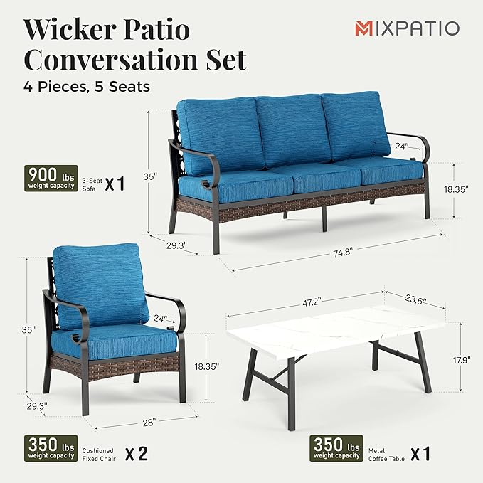Patio Furniture Set with Coffee Table, Outdoor Conversation Set with 2 x Fixed Chairs, 1 x 3-Seat Sofa for Lawn Garden Backyard, Pacific Blue