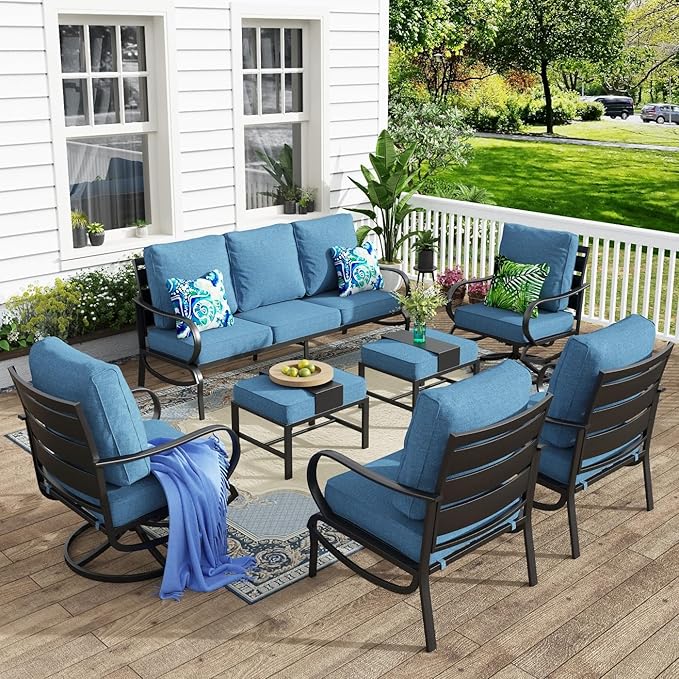 MFSTUDIO 7 Pieces Metal Patio Furniture Sets, 2 Swivel Chairs, 3-Seat Deep Seating Sofa, 2 Single Couch and 2 Ottoman, All Weather 9 Seats Outdoor Conversation Set for Garden Backyard, Navy Cushion