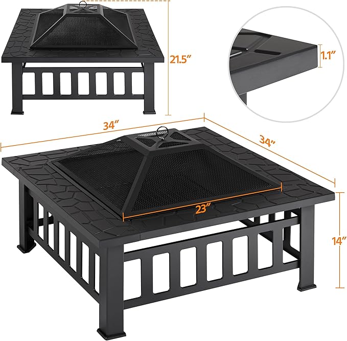 Yaheetech 34in Fire Pit Table Outdoor Wood Fire Pits Fire Pits for Outside Patio Square Steel Stove with Mesh Screen, Waterproof Cover & Poker for Bonfire Camping