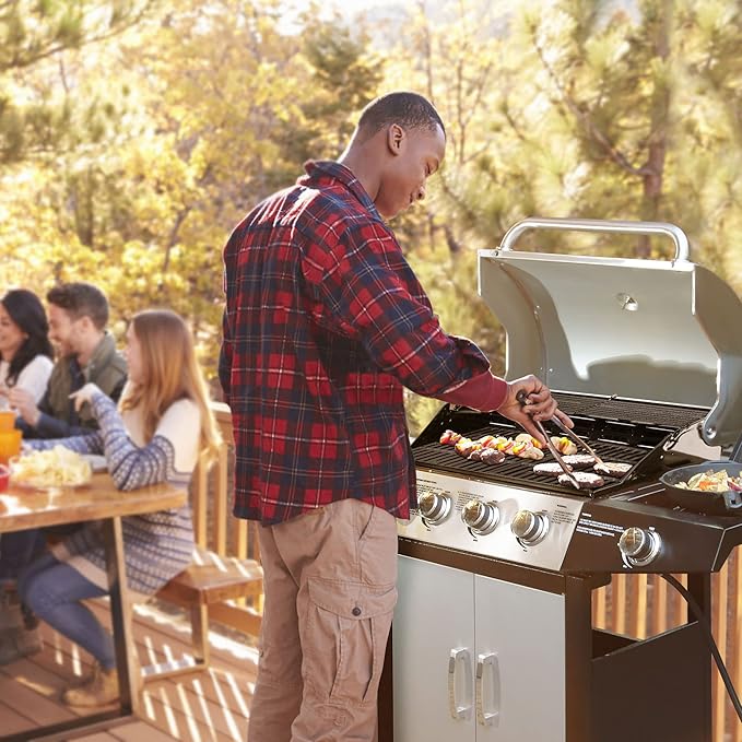 MASTER COOK 4 Burners Gas Grill, 518 Sqin Cooking Area, 52,000 BTU Propane Grill with Side Burner, Stainless Steel Cabinet Grill, Silver & Black