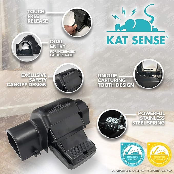 Kat Sense Dual Covered Rat & Chipmunk Traps Set of 2 - Humane Rat Trap Indoor & Outdoor Use, Hinders Accidental Triggering, Tunnel Mouse Trap Design, Touch-Free, Snap Traps for Rats, Mice, Chipmunks