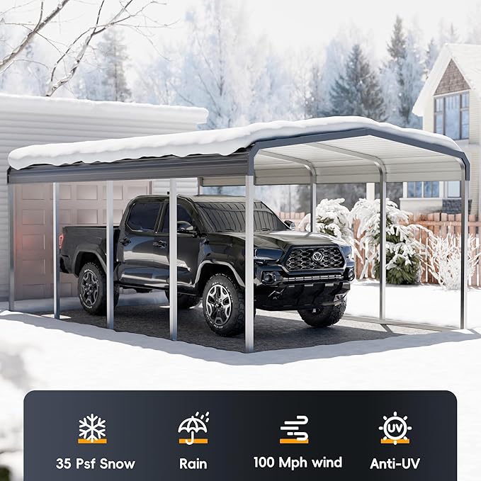 Heavy Duty Metal Carport Kits with Galvanized Steel Roof and Frame, Outdoor Carport Canopy Enhanced Base, Extra Large Car Tent Garage Shelter for Car, SUV, Truck and Boats (12x20 FT, Gray)