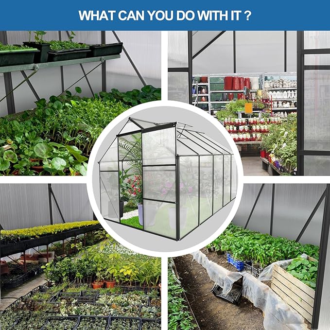 6×10 FT Black Polycarbonate Greenhouse for Outdoors with Aluminum Frame & Raised Base, Walk-in Green House with Sliding Door, Gutter System & Roof Vent, Heavy-Duty Outdoor Greenhouse