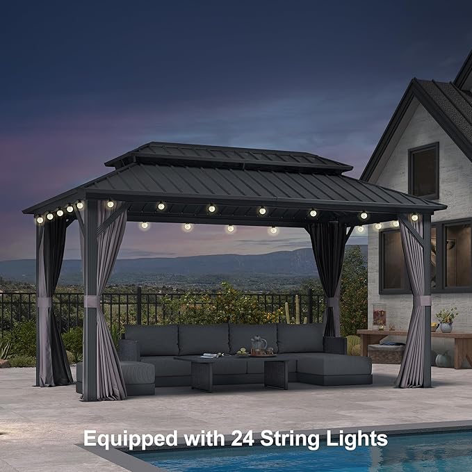 PURPLE LEAF 08'x14' Hardtop Gazebo with Lights Wind Resistant Galvanized Steel Dual Layer Double Roof Outdoor Patio Pavilion Including Netting and Privacy Curtains for Lawn Garden Backyard Grey
