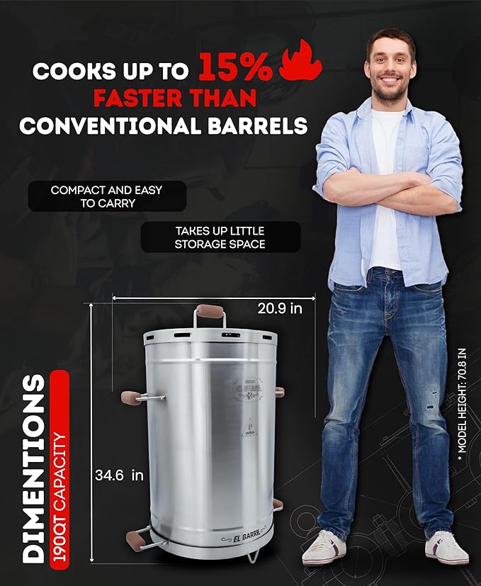 El Barril Lite Medium Barrel Smoker Grill, Stainless Steel 430, Meat Hooks, Upper Grill and Handler, Portable Charcoal BBQ (Lite 60LBS Extra Large)
