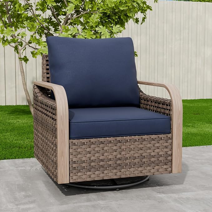 EAGLE PEAK Modern Wicker Outdoor Glider Rocking Chair, Swivel Rocker, Rattan Patio Furniture for Yard Deck Porch Garden, 1 Chair, Brown/Blue