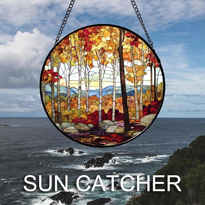 QZQCBLC Stained Glass Window Hanging Fall Birch Tree Forest Scenery 6.3" - Suncatcher Door Garden Sun Catcher Home Decor Birthday Christmas for Mom Men Woman Friend Nana