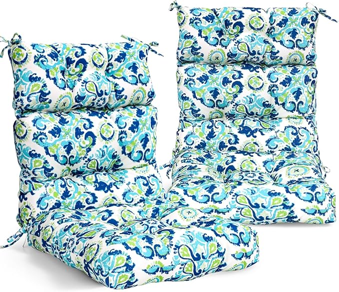EAGLE PEAK Tufted Outdoor/Indoor High Back Patio Chair Cushions, Set of 2, 46'' x 22'', Green/Blue Modern