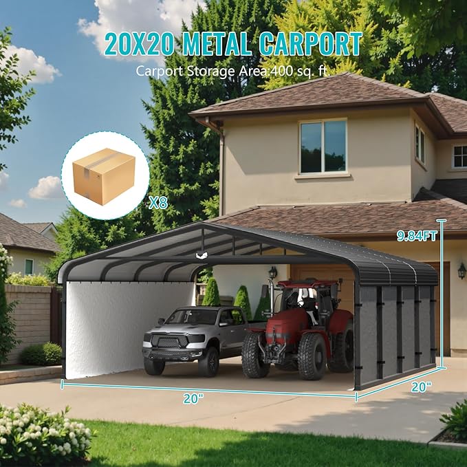 20x20 Metal Carport, Heavy Duty 2-Car Carport Canopy, Galvanized Steel Roof Car Tent Garage, CarPorts with Removable Polyethylene Sidewalls