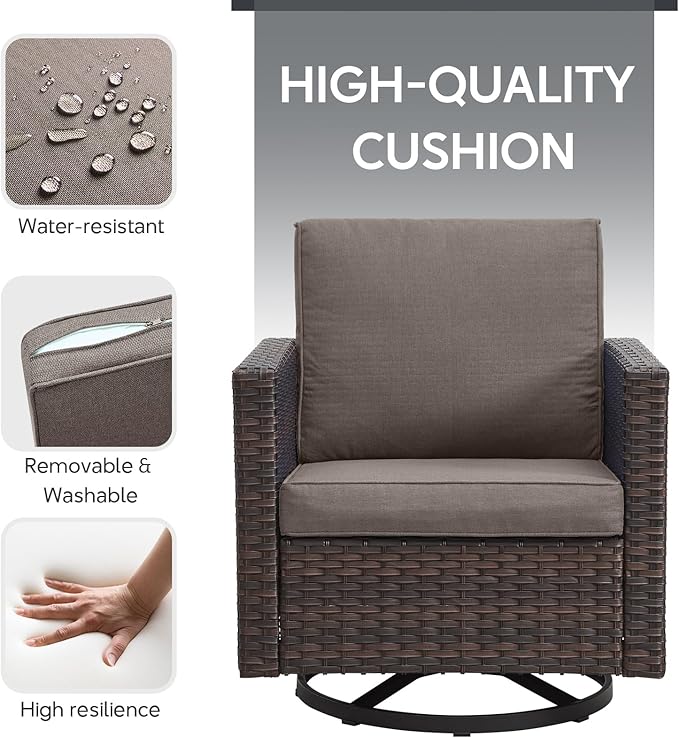 Outdoor Swivel Rocker Chairs - 5 Piece Patio Bistro Set Wicker Patio Rocking Chairs Set with Side Table and Ottomans, 360° Swivel Glider Proch Furniture for Balcony Deck - Brown/Grey