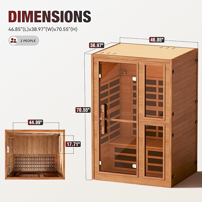 2- Person Infrared Sauna for Home, Low EMF FAR Remotely Controllable Indoor Sauna with WiFi & BT Control, Light Therapy, Wood Dry Sauna with Auto Off and Safe Flame-Retardant Material
