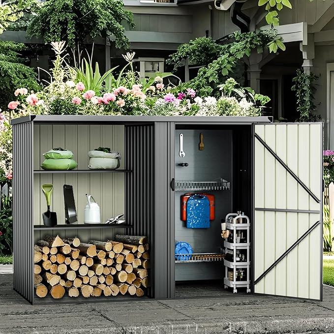 2 in 1 Metal Outdoor Storage Shed with Firewood Rack, 8×4 FT Lockable Waterproof Garden Tool Shed with Shelves, Open & Enclosed Dual-Storage Backyard Patio Shed with Sloped Roof (No Floor)