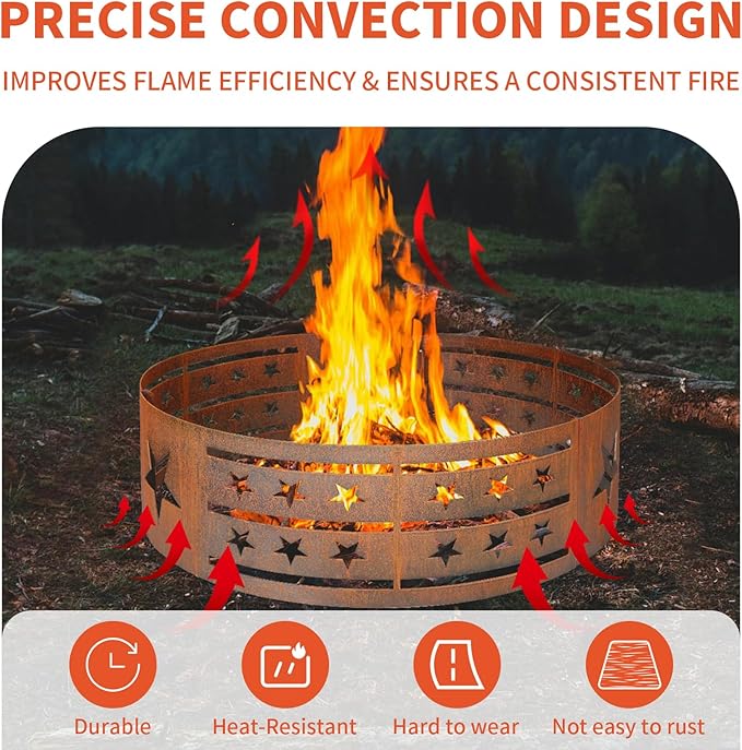 Fire Pit Ring 33in Steel Fire Ring Heavy Duty Carbon Steel Liner, Outdoor Cooking Camping Steel Fire Ring Combo Insert DIY Campfire Liner