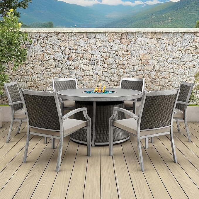 Mazatzal 7 Piece Wicker Patio Furniture Set with 52" Round Propane Gas Firepit Table, 6 Patio Chairs with Cushions, Outdoor Aluminum Conversation Set for Poolside, Backyard, CSA Certified, Gray