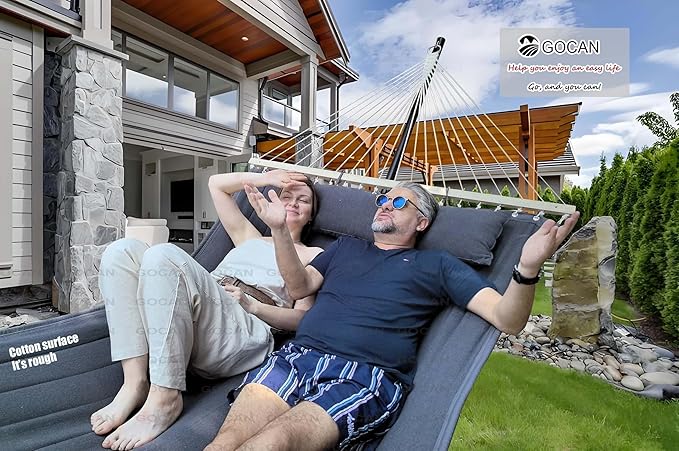 GOCAN Quilted Fabric Double Hammock Won't flip with Stand and Spreader Bars,Safer and Sturdier,Quality Hammocks for Outdoor Indoor Patio Yard Two Sided Dual use Deep Grey