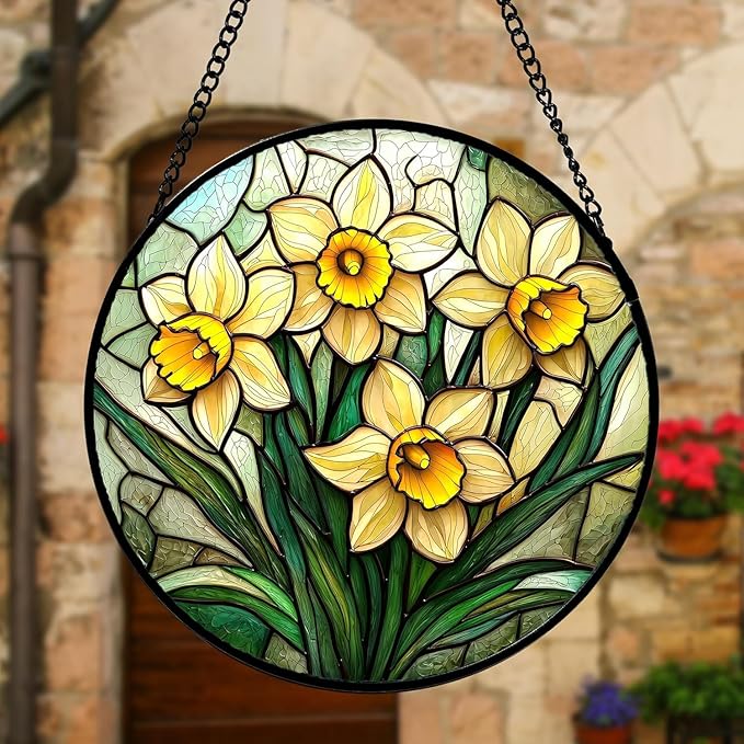 QZQCBLC Yellows Daffodils Green Plants Suncatcher 7.8" - HD UV Print Stained Glass Window Hanging Sun Catcher Door Garden Home Decor Birthday Mother's Day for Mom Men Woman Nana
