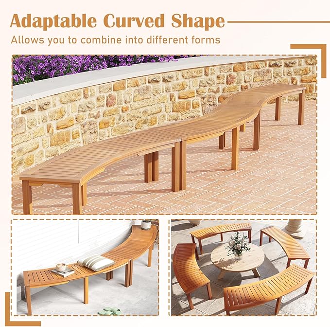 RELAX4LIFE Wooden Outdoor Curved Bench - Acacia Wood Garden Bench w/Slatted Seat, 2-Person Outside Backless Seating for Porch Backyard Deck Park, 800 LBS Load Capacity, Patio Fire Pit Bench (2, 58'')