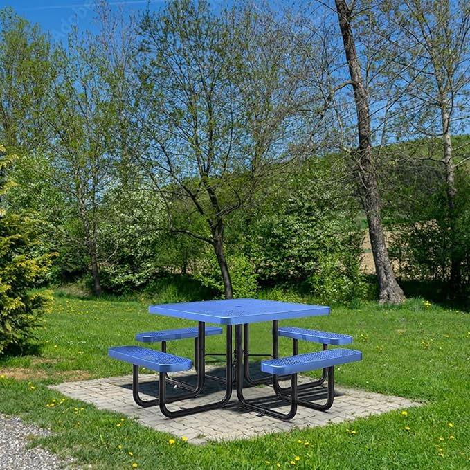 dafrigic 46" Square All Weather Resistant Commercial Picnic Table for Outdoors, Heavy Duty Picnic Table up to 4600 lbs with Umbrella Hole for School, Warehouse, Coffee Shop, Blue
