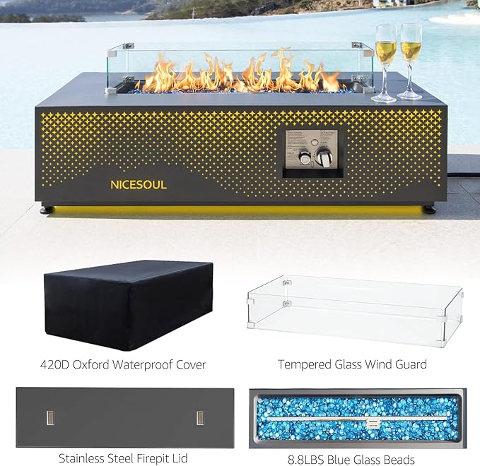 NICESOUL 42'' Outdoor Propane/Natural Gas Fire Pit Table, Rectangle Patio Firepits with Hidden Tank Table, 50000 BTU Modern Fireplace with LED Star Light for Outside Backyard, CSA Certified, Gray