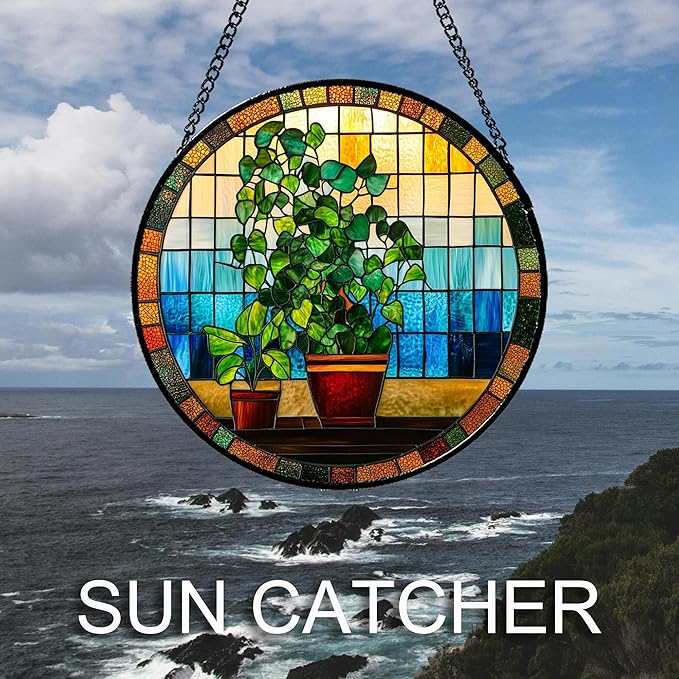 QZQCBLC Stained Glass Window Hanging Green Potted Plants Large 11.8" - Suncatcher Door Garden Sun Catcher Retro Home Decor Birthday Christmas for Mom Men Woman Nana Friend
