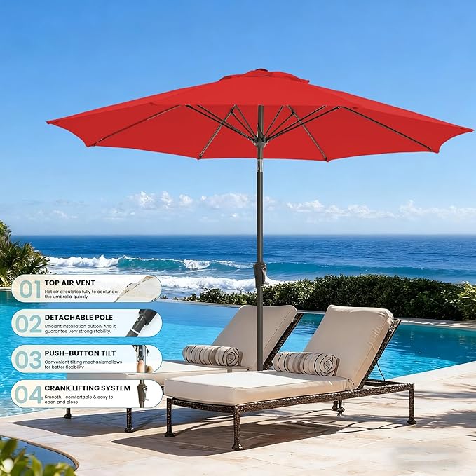 9FT Large Outdoor Patio Umbrella Market Table Umbrella-UV Resistant, Easy Push Button Tilt and Crank, 8 Sturdy Ribs Heavy-Duty Pool Umbrella for Deck, Backyard,Garden,Red