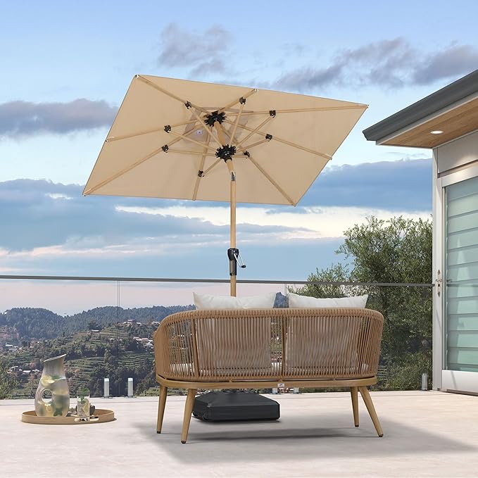 PURPLE LEAF 4' x 6' Patio Umbrella with Base Outdoor Umbrella Aluminum Market Umbrella with Push Button Tilt & Crank and 8 Ribs Rectangular Outdoor Table Umbrella for Pool Garden Beach, Beige
