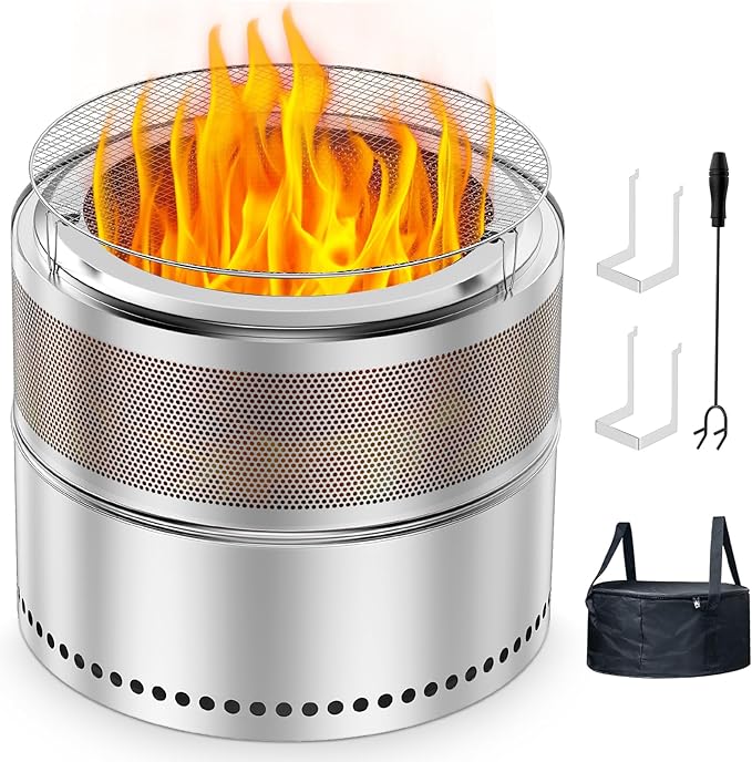 20 Inch Smokeless Fire Pits, Portable Firepit Stainless Steel Stove Bonfire, Outdoor Wood Burning Fireplace with Removable Ash Pan & Grill Rack, 360° Ventilation, for Camping, 4-6 People