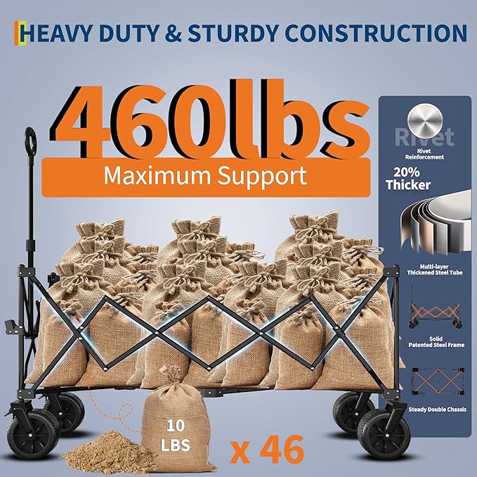 52" Foldable Wagon for Beach with 460LBS Weight Capacity, Heavy Duty 350L Extra Large Collapsible Foldable Wagon for Camping, All Terrain Beach Wagons Extended with Cup Holders for Sand