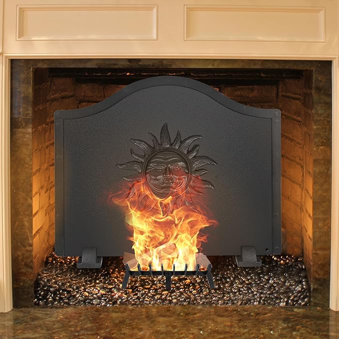 Iron Fireback with Feet - 19.5in Sun Fireplace Heat Reflector, Heat-Resistant Material with Decorative Design for Wall Protection