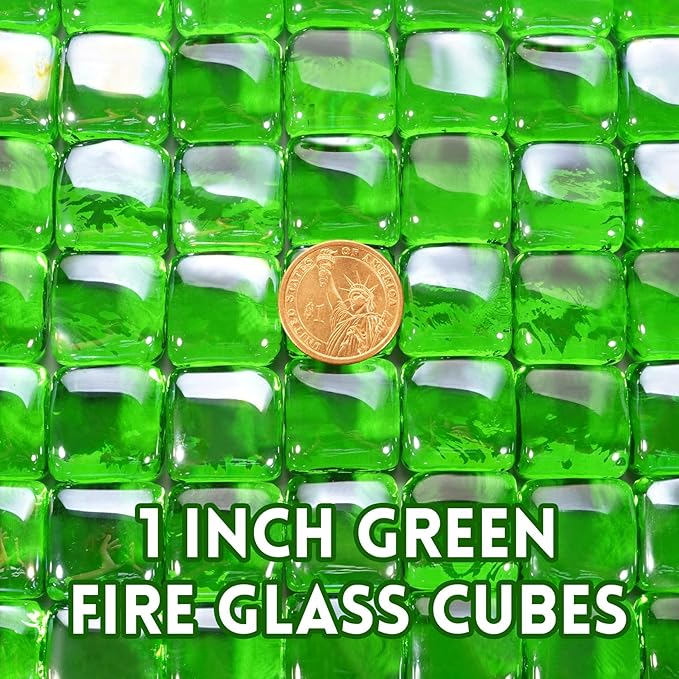 GasSaf Green Fire Glass Cubes for Outdoor Fire Pit, Fireplace, Replaces Existing Gas Logs & Lava Rocks, 1 Inch Glass(20 Pound)(Green Luster)