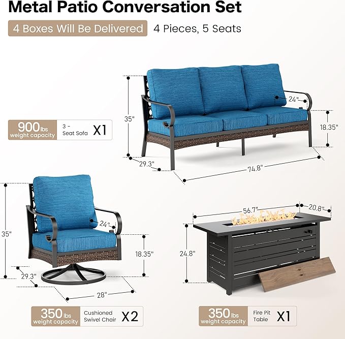 SUNSHINE VALLEY 4 Piece Black Metal Outdoor Patio Furniture Sets with Firepit Table, Patio Conversation Sets 1 3-Seater Sofa, 2 Swivel Sofa with 5.75" Thick Cushion Backyard Furniture for Deck, Blue-2