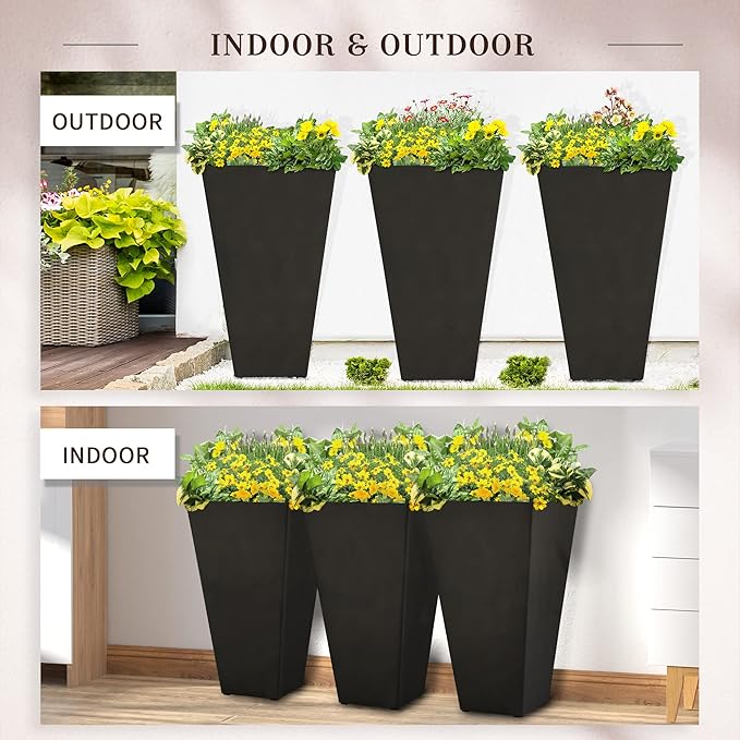 Outsunny Tall Planters for Outdoor Plants Set of 3, 28 in Taper Planters with Drainage Holes, Indoor Grande Plant Pots, Front Porch Decor (Black)