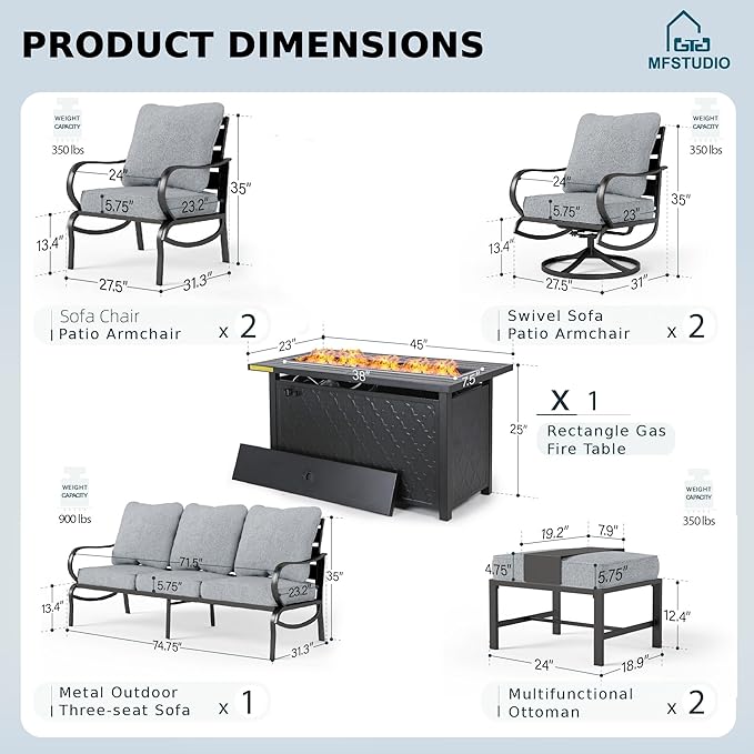 MFSTUDIO Patio Furniture Sets with 45" Gas Fire Pit Table, 8 Pieces Outdoor Metal Conversation Set with 1 x 3-Seat Sofa, 2 Single Chairs, 2 Swivel Chairs and 2 Ottomans, Grey Cushion